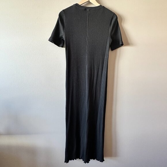 Women's 8 Sweaty Betty Black Ribbed Midi Dress Slim Fit Pleated Lettuce Hem - Picture 6 of 11